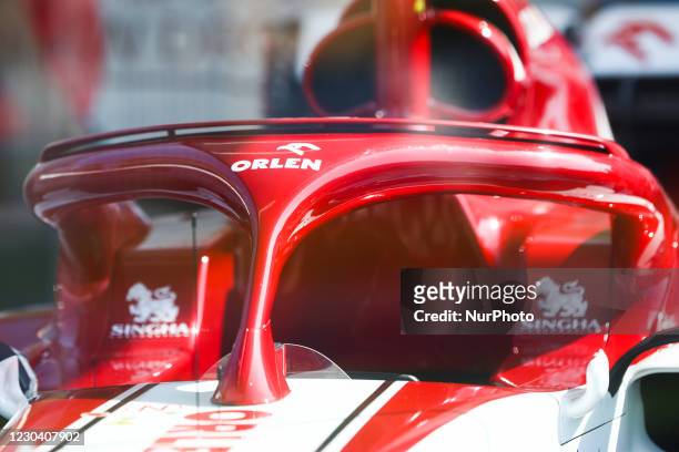 Halo system is seen on Formula 1 car with Alfa Romeo Racing ORLEN paint presented at Orlen petrol station in Krakow, Poland on September 13, 2020.