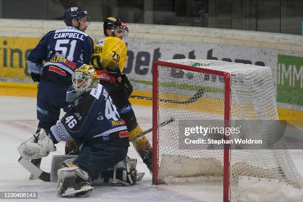 Timothy Campbell of Fehervar, Jaroslav Janus of Fehervar and Benjamin Nissner of Vienna during the Bet-at-home Ice Hockey League Vienna Capitals v...