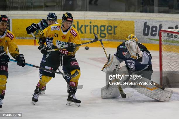 Alex Wall of Vienna, Bence Stipsicz of Fehervar, Marco Richter of Vienna and Jaroslav Janus of Fehervar during the Bet-at-home Ice Hockey League...