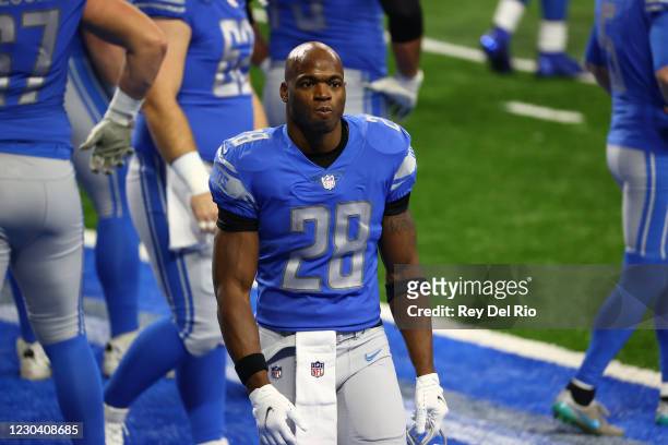 Adrian Peterson of the Detroit Lions walks off the field before a game against the Minnesota Vikings at Ford Field on January 3, 2021 in Detroit,...