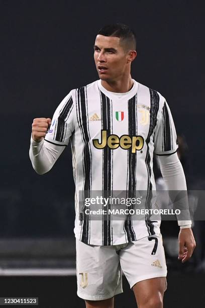 Juventus' Portuguese forward Cristiano Ronaldo celebrates after scoring his second goal during the Italian Serie A football match Juventus vs Udinese...