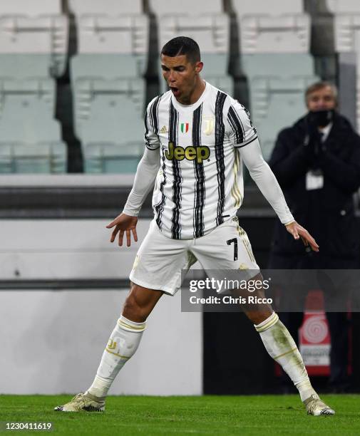 Cristiano Ronaldo of Juventus celebrates a goal during the Serie A match between Juventus and Udinese Calcio at Allianz Stadium on January 3, 2021 in...