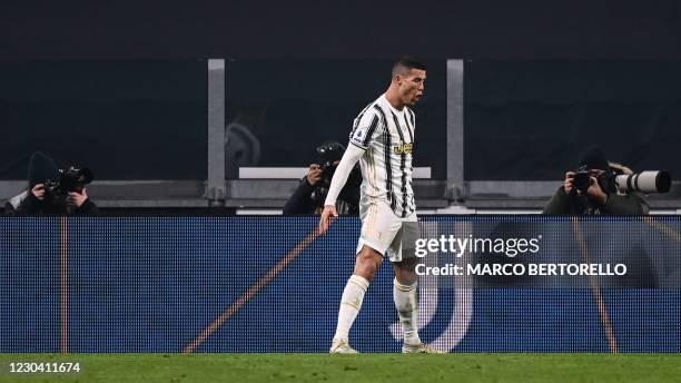 Juventus' Portuguese forward Cristiano Ronaldo celebrates after scoring his second goal during the Italian Serie A football match Juventus vs Udinese...