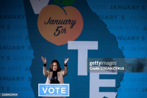 Vice President-Elect Kamala Harris speaks at a rally in support of Democratic US Senate candidates, Reverend Raphael Warnock and Jon Ossoff, at...