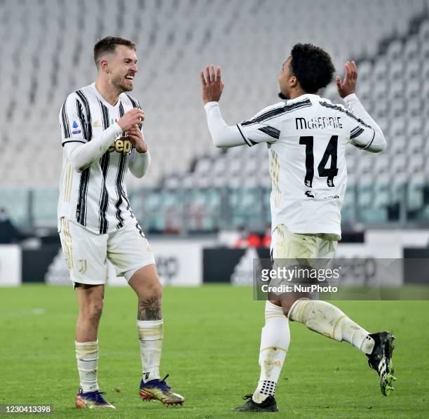 Aaron Ramsey of Juventus celebrates with Weston McKennie his goal that will be disallowed from VAR during the Serie A match between Juventus and...
