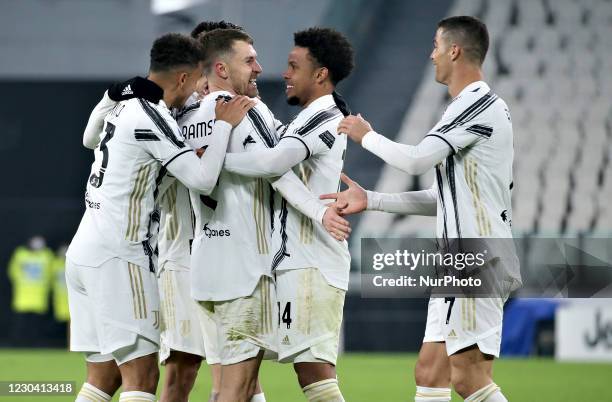 Aaron Ramsey of Juventus celebrates with team-mates his goal that will be disallowed from VAR during the Serie A match between Juventus and Udinese...