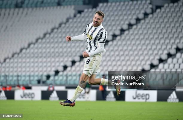 Aaron Ramsey of Juventus celebrates his goal that will be disallowed from VAR during the Serie A match between Juventus and Udinese Calcio at Allianz...