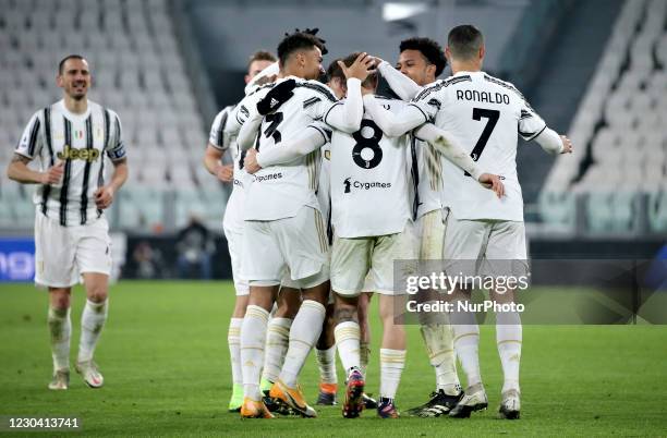 Aaron Ramsey of Juventus celebrates with team-mates his goal that will be disallowed from VAR during the Serie A match between Juventus and Udinese...