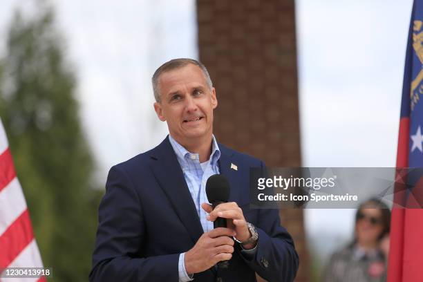 Corey Lewandowski speaks to the crowd during the SAVE AMERICA TOUR at The Bowl at Sugar Hill on January 3rd, 2021 in Sugar Hill, Georgia. Lewandowski...
