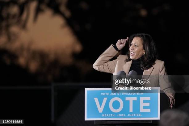 Vice President-elect Kamala Harris, speaks during a 'Get Out The Vote' campaign event with U.S. Democratic Senate candidates Raphael Warnock and Jon...