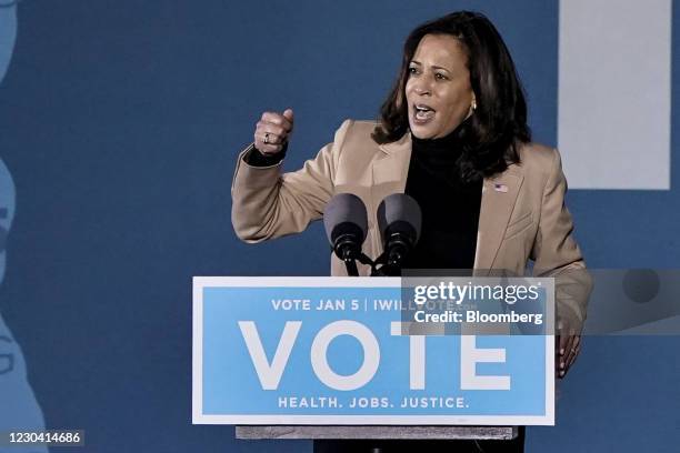 Vice President-elect Kamala Harris, speaks during a 'Get Out The Vote' campaign event with U.S. Democratic Senate candidates Raphael Warnock and Jon...