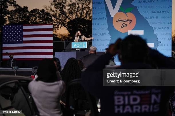 Vice President-elect Kamala Harris, speaks during a 'Get Out The Vote' campaign event with U.S. Democratic Senate candidates Raphael Warnock and Jon...