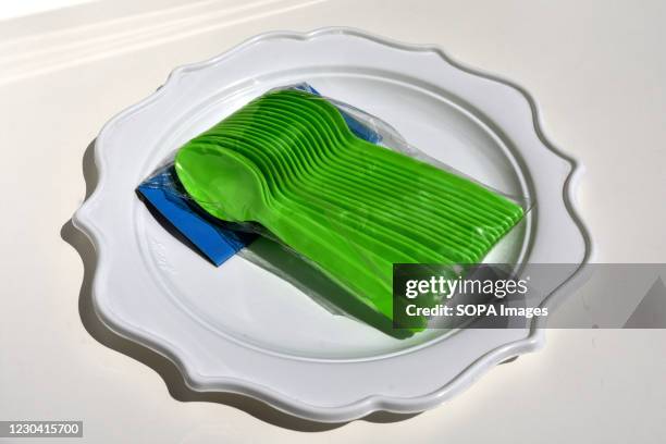 In this photo illustration small green plastic spoons placed on a white plastic plate. Since January 1 many single-use plastic items have been banned...