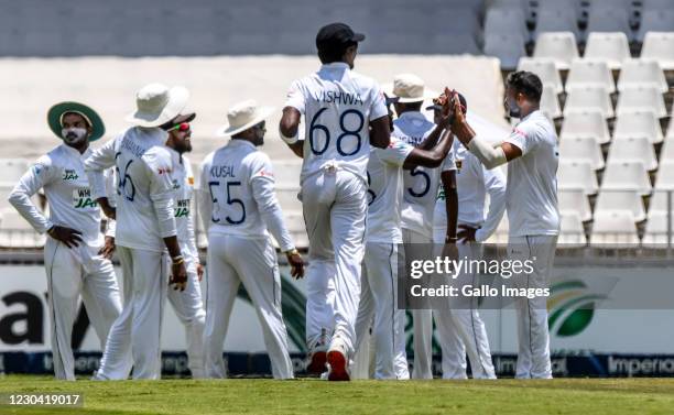 Sri Lankan players celebrate the dismissal of Faf du Plessis of South Africa during day 2 of the 2nd Betway Test match between South Africa and Sri...