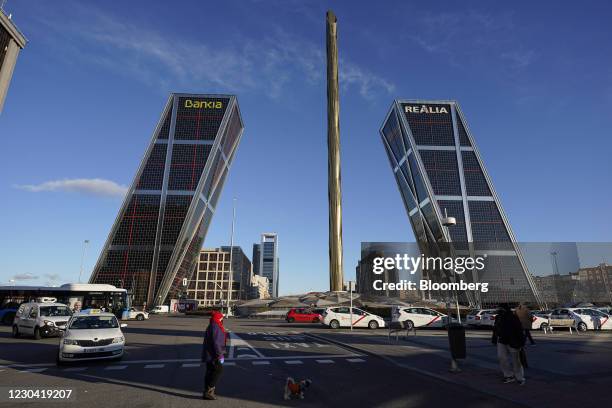 The Bankia SA headquarters building, left, and the Realia Business SA building, right, in the financial district of Madrid, Spain, on Monday, Jan. 4,...