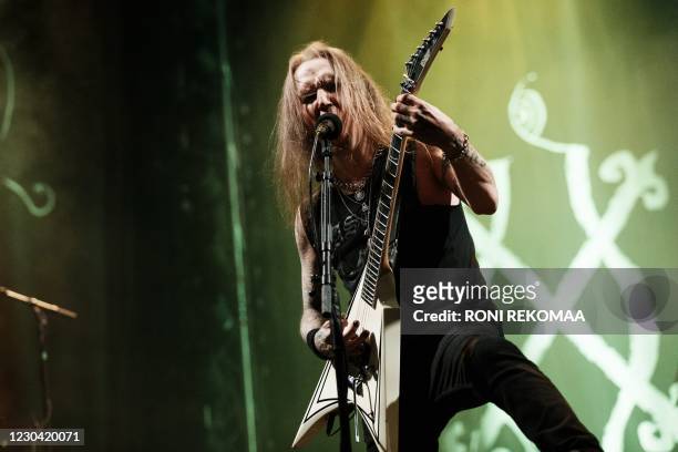 Picture taken on August 2019 shows Finnish singer and guitarist Alexi Laiho of the Finnish black metal band "Children of Bodom", as he performs at a...