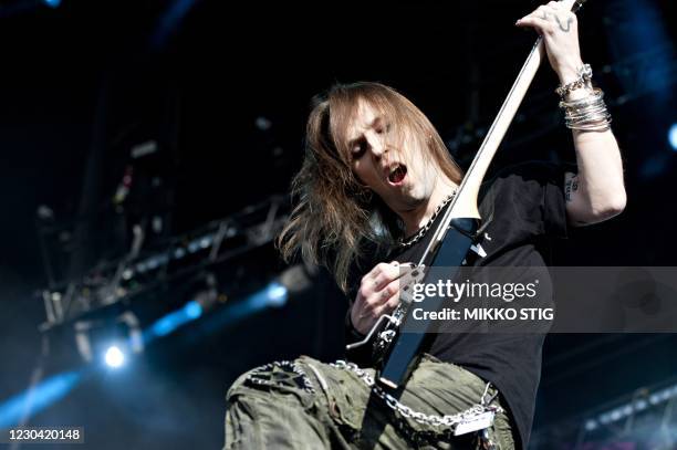 Picture taken on June 2014 shows Finnish singer and guitarist Alexi Laiho of the Finnish black metal band "Children of Bodom", as he performs at the...