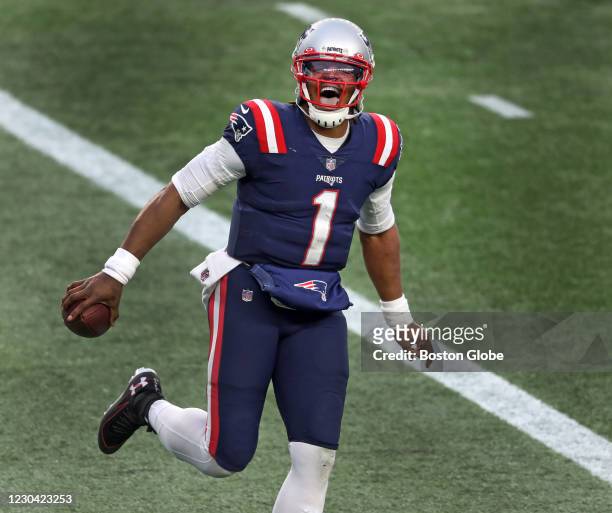 After he hit tight end Devin Asiasi with a fourth quarter touchdown pass, New England Patriots quarterback Cam Newton grabbed the football from him...