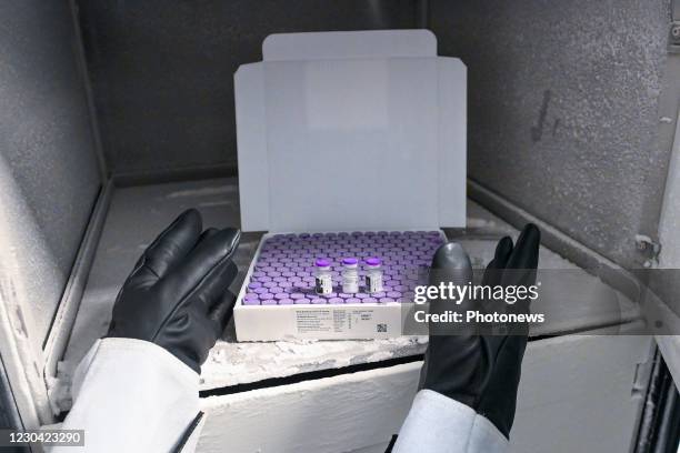 Illustration picture after the delivery of the first part of the US pharmaceutical company Pfizer BioNTech mRNA vaccines at the Belgian CHC MontLegia...