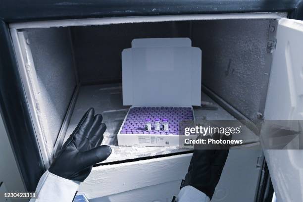 Illustration picture after the delivery of the first part of the US pharmaceutical company Pfizer BioNTech mRNA vaccines at the Belgian CHC MontLegia...