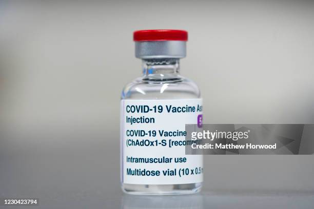 Close-up of a vaccine vial which contains 10 doses at Pontcae Medica Practice on January 4, 2021 in Merthyr Tydfil, Wales. The Oxford-AstraZeneca...