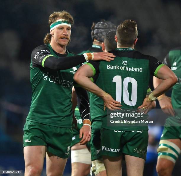 Dublin , Ireland - 2 January 2021; Ben O'Donnell, left, and Jack Carty of Connacht during the Guinness PRO14 match between Leinster and Connacht at...