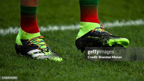 Dublin , Ireland - 6 December 2020; Rainbow coloured laces are seen on the boots of Aidan O'Shea of Mayo during the GAA Football All-Ireland Senior...