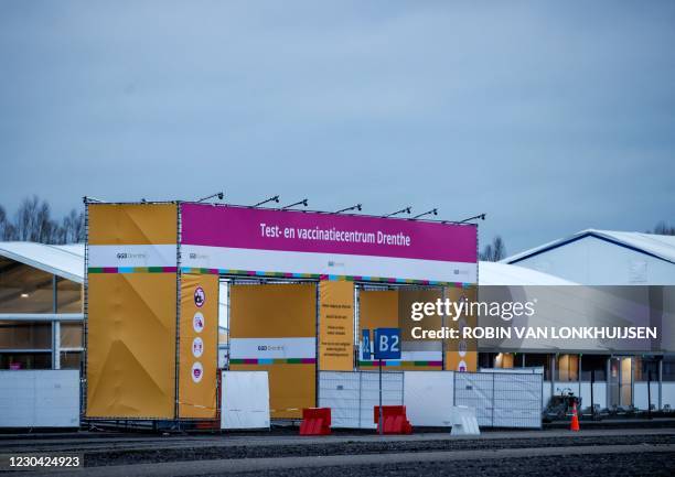 Picture taken on January 4, 2021 shows the entrance of the test and vaccination center set up at the TT Circuit, outside Assen, where people can get...