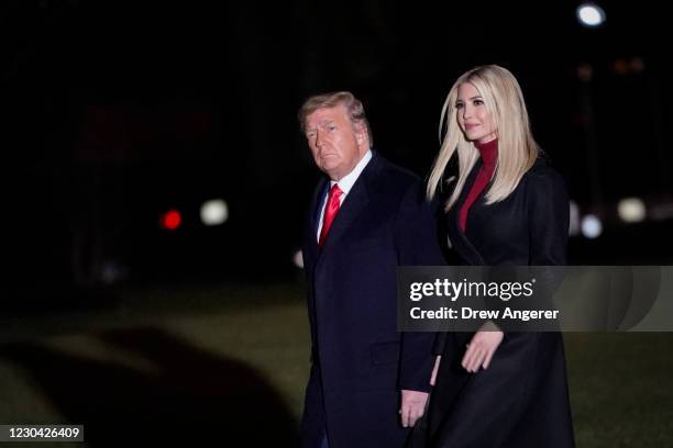 President Donald Trump and daughter Ivanka Trump walk to Marine One on the South Lawn of the White House on January 4, 2020 in Washington, DC. The...