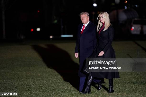 President Donald Trump and daughter Ivanka Trump walk to Marine One on the South Lawn of the White House on January 4, 2020 in Washington, DC. The...