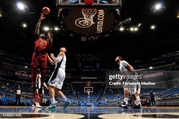 Andre Drummond of the Cleveland Cavaliers shoots the ball during the game against the Orlando Magic on January 4, 2021 at Amway Center in Orlando,...