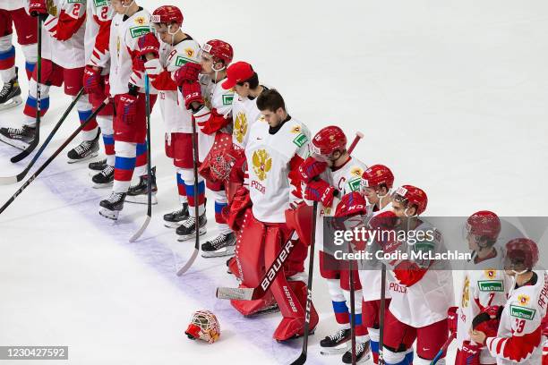Team Russia reacts after losing to Canada during the 2021 IIHF World Junior Championship semifinals at Rogers Place on January 4, 2021 in Edmonton,...