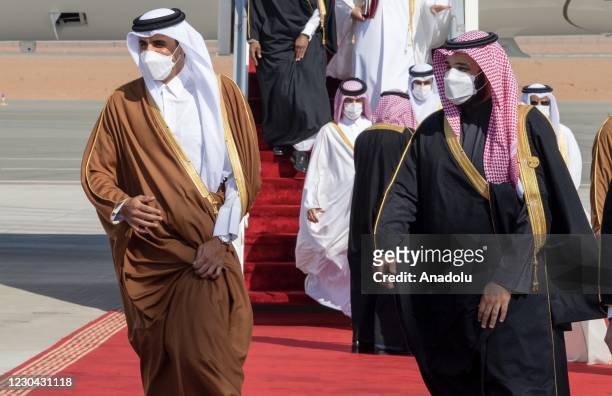 Emir of Qatar Sheikh Tamim bin Hamad al-Thani is welcomed by Crown Prince of Saudi Arabia Mohammed bin Salman ahead of the 41st Summit of Gulf...