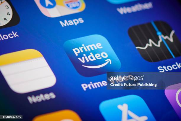Close-up detail of the Amazon Prime Video app icon on an Apple iPhone 12 Pro smartphone screen, on November 11, 2020.