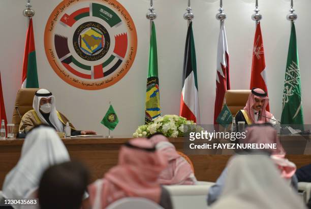 Saudi Foreign Minister Faisal bin Farhan al-Saud and Secretray General of the Gulf Cooperation Council Nayef bin Falah Al-Hajraf, hold a press...