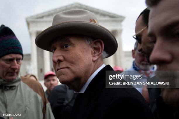 Roger Stone leaves after speaking to supporters of US President Donald Trump outside the US Supreme Court January 5 in Washington, DC, as they...