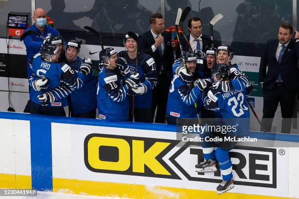 Finland celebrates victory over Russia during the 2021 IIHF World Junior Championship bronze medal game at Rogers Place on January 5, 2021 in...