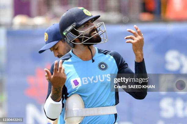 India's Ravindra Jadeja prepares to bat during a training session at the Sydney Cricket Ground on January 6 ahead of the third cricket Test match...