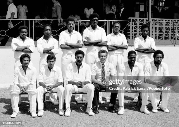 The West Indies team line up for a team photo before the 2nd Test match between West Indies and Australia at Queen's Park Oval, Bridgetown, Barbados,...