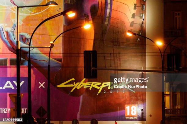 Large mural with an advertisement for the much anticipated Cyberpunk 2077 game by CD Projekt Red is seen in Warsaw, Poland on January 5, 2021....