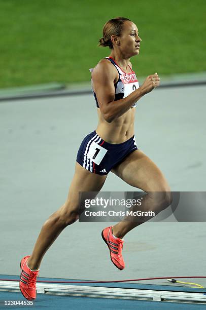 Jessica Ennis of Great Britain competes in the 800 metres in the women's heptathlon during day four of the 13th IAAF World Athletics Championships at...