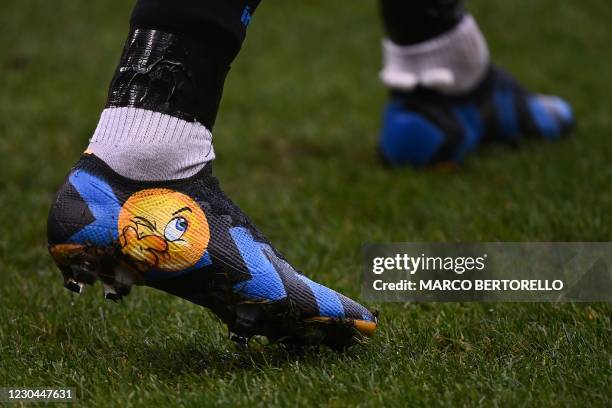 Photo shows the shoes of Inter Milan's Croatian midfielder Marcelo Brozovic, with an emoji or smiley printed on it, prior to the Italian Serie A...