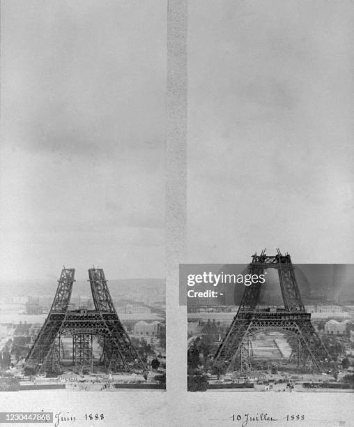 Montage de deux photos de la construction de la Tour Eiffel à Paris. A gauche, la Tour Eiffel photographiée le 14 juin 1888. A droite, la Tour Eiffel...