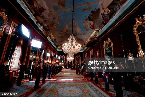 Spain's Felipe VI and Queen Letizia preside over the "Pascua Militar" traditional ceremony at the Royal Palace in Madrid on January 6, 2021.