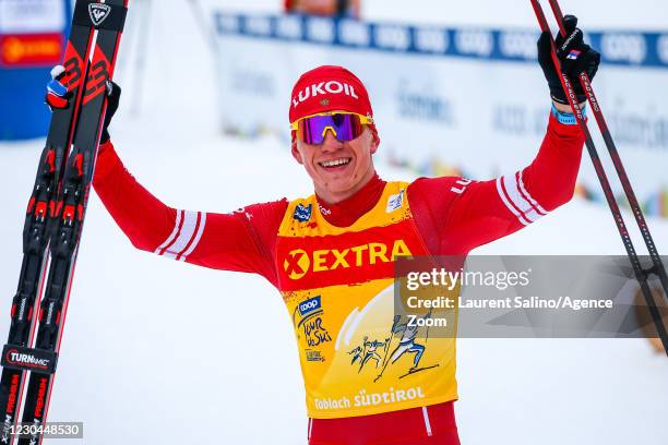 Alexander Bolshunov of Russia takes 1st place during the COOP FIS Cross-Country Stage World Cup Men's 15 km Free on January 6, 2021 in Toblach, Italy.