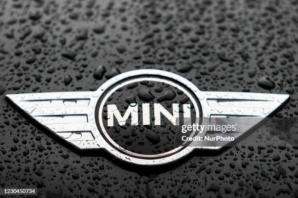 Raindrops are seen on the logo of Mini car in Krakow, Poland on January 5, 2020.