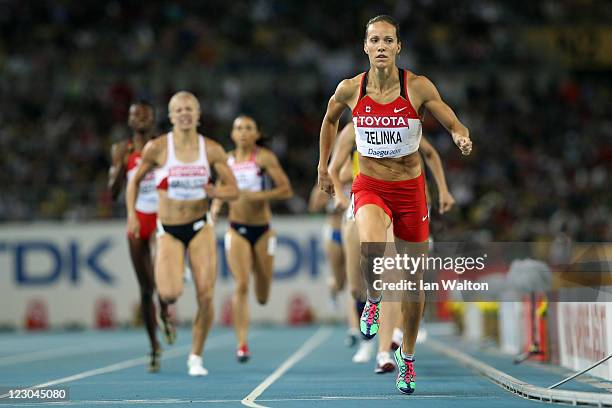 Jessica Zelinka of Canada competes in the 800 metres in the women's heptathlon during day four of 13th IAAF World Athletics Championships at Daegu...