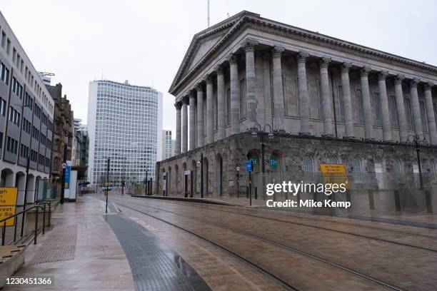 National coronavirus lockdown three begins in Birmingham city centre, which is deserted outside the Town Hall on 6th January 2021 in Birmingham,...