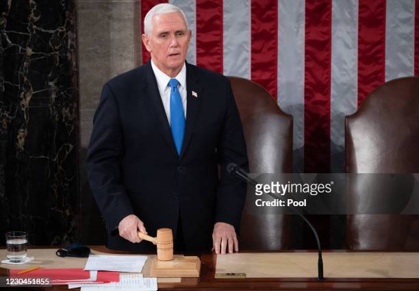 Vice President Mike Pence presides over a joint session of Congress on January 06, 2021 in Washington, DC. Congress held a joint session today to...