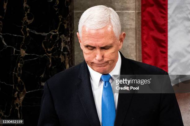 Vice President Mike Pence presides over a joint session of Congress to certify the 2020 Electoral College results on January 6, 2021 in Washington,...
